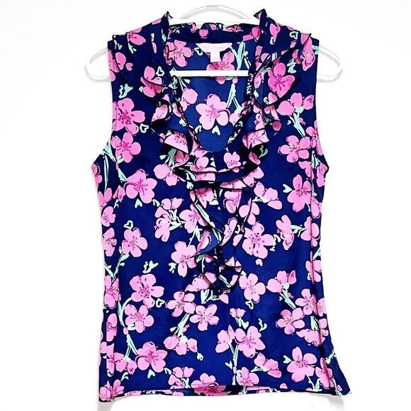 NWOT Lilly Pulitzer Allison Navy Pink Floral Ruffled Tank Top Sz XS Host Pick - Picture 2 of 6